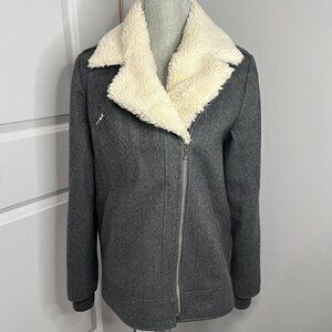 Express Women's Gray Wool Blend Jacket w Removable Faux Sherpa Trim Size M EUC